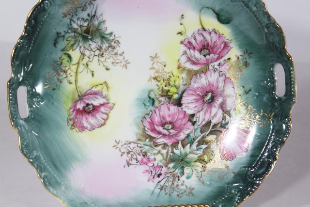 vintage Lefton china serving plate, handled tray w/ hand painted poppies