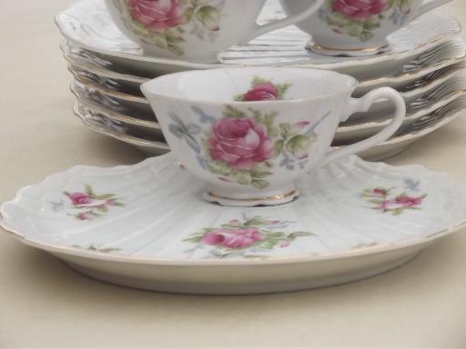 vintage Lefton china snack sets, hand painted pink roses tea cups & trays