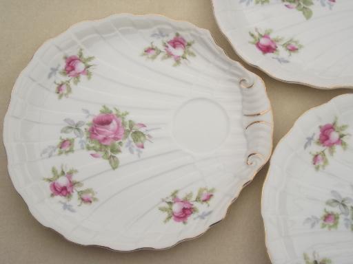 vintage Lefton china snack sets, hand painted pink roses tea cups & trays