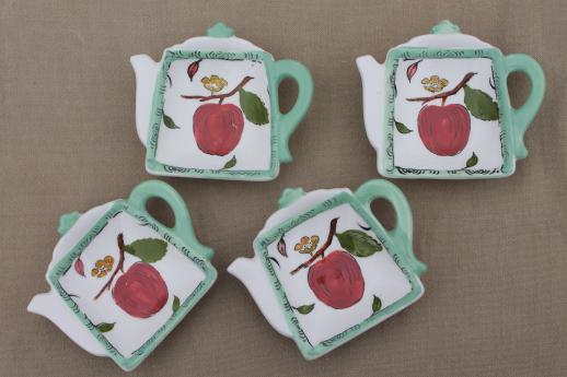 vintage Lefton china tea bag holders, set of tea pot dishes w/ hand painted apples