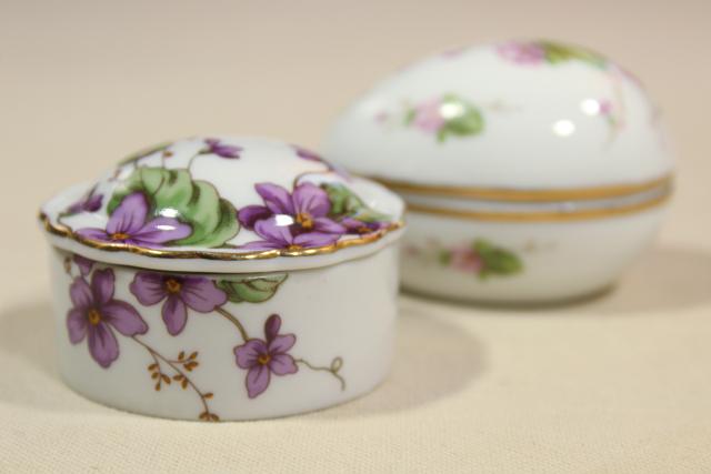 vintage Lefton china trinket boxes, egg shape & round ring box w/ purple  violets