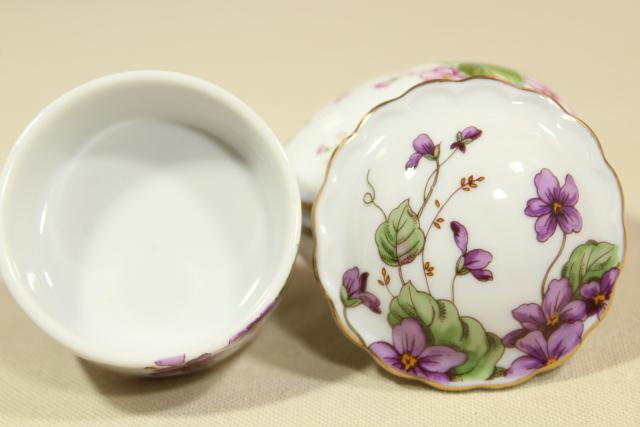 vintage Lefton china trinket boxes, egg shape & round ring box w/ purple violets