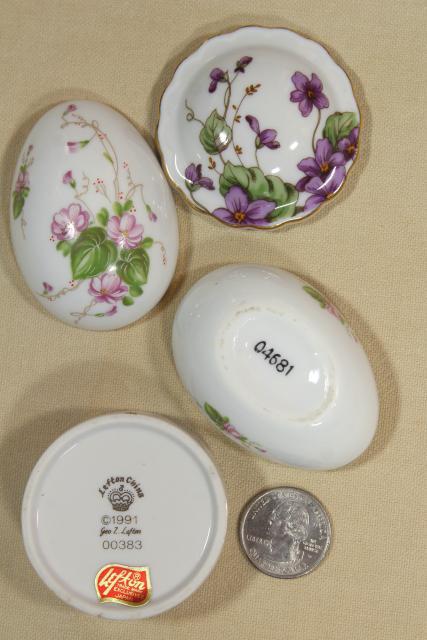 vintage Lefton china trinket boxes, egg shape & round ring box w/ purple violets