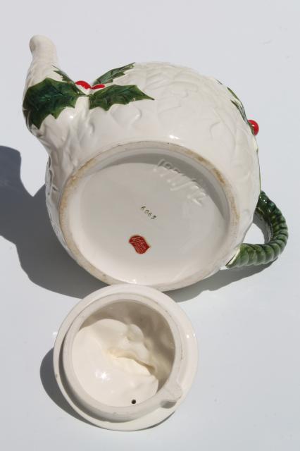 vintage Lefton china white holly Christmas tea pot, Lefton's Japan