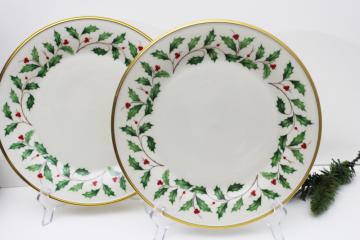 vintage Lenox china Christmas holiday pattern dinner plates, holly border w/ gold