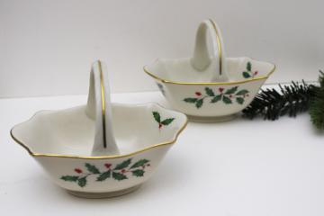 vintage Lenox china Christmas holly holiday pattern basket shaped candy dishes
