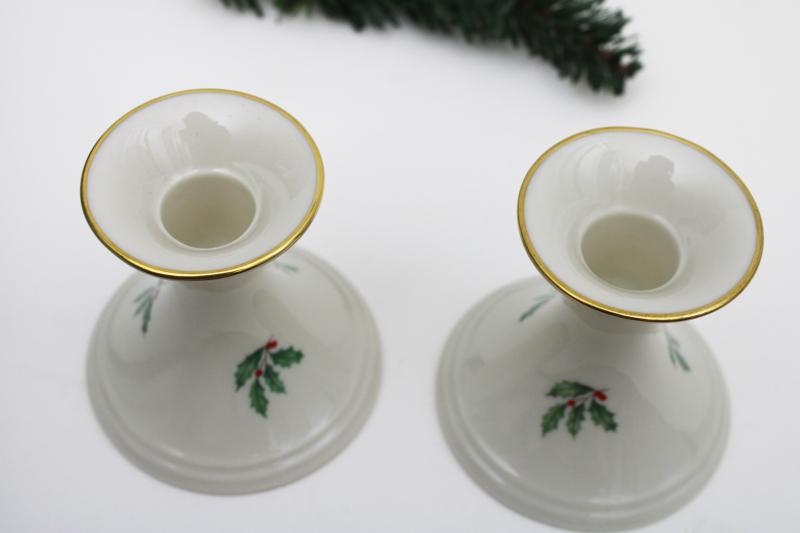 vintage Lenox holiday holly china, pair of candlesticks, taper candle holders
