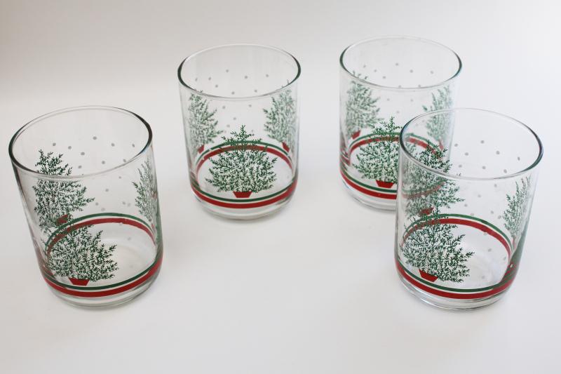 vintage Libbey Christmas drinking glasses pine or fir trees, double old fashioned lowballs