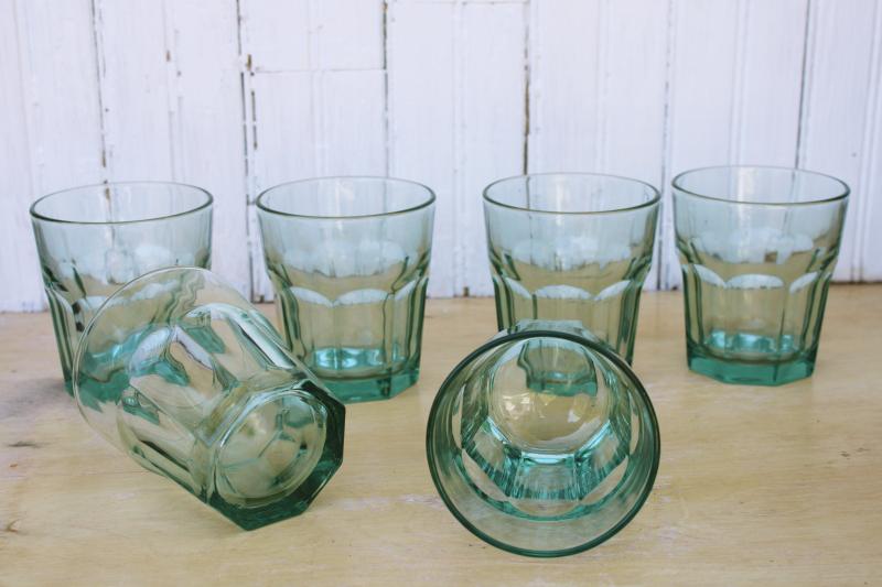 vintage Libbey Gibraltar spanish green glass drinking glasses, french bistro tumblers