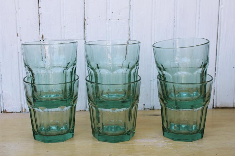 vintage Libbey Gibraltar spanish green glass drinking glasses, french bistro tumblers