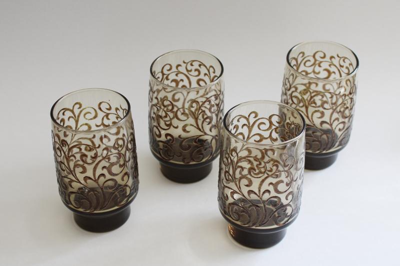 vintage Libbey Prado tawny smoke glass drinking glasses, brown scrolls mod Accent shape