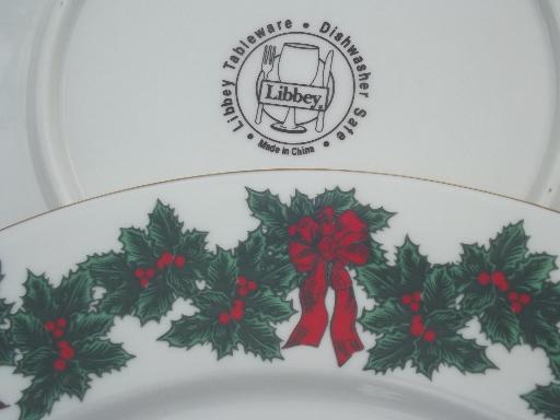 vintage Libbey china dinnerware, Bows of Holly Christmas dishes set for 4