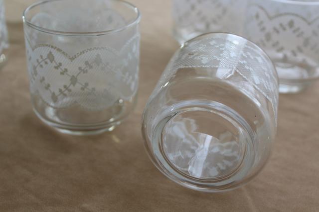 vintage Libbey drinking glasses, white lace pattern on the rocks lowball tumblers