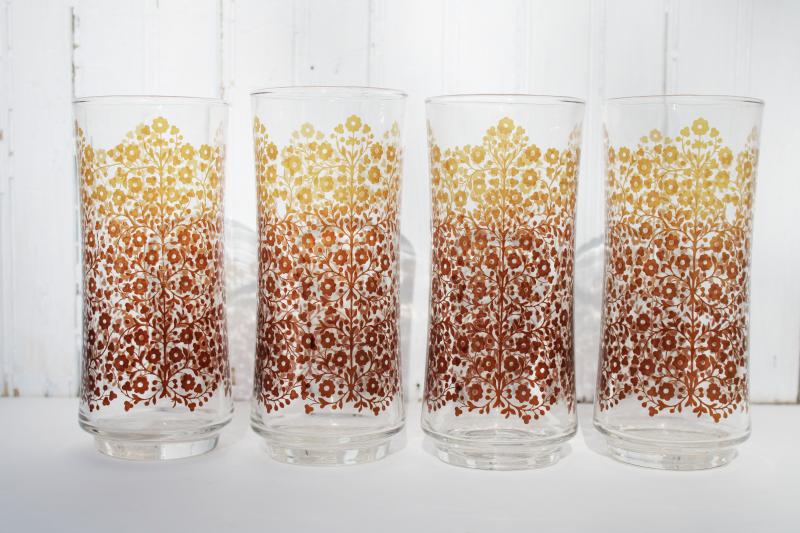 vintage Libbey glass tall tumblers, retro golden brown flowers print drinking glasses