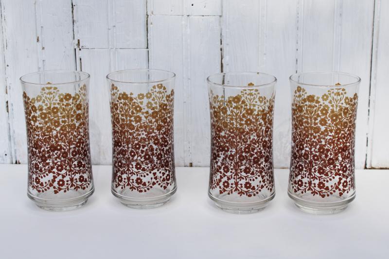 vintage Libbey glass tumblers, retro golden brown flowers print drinking glasses 