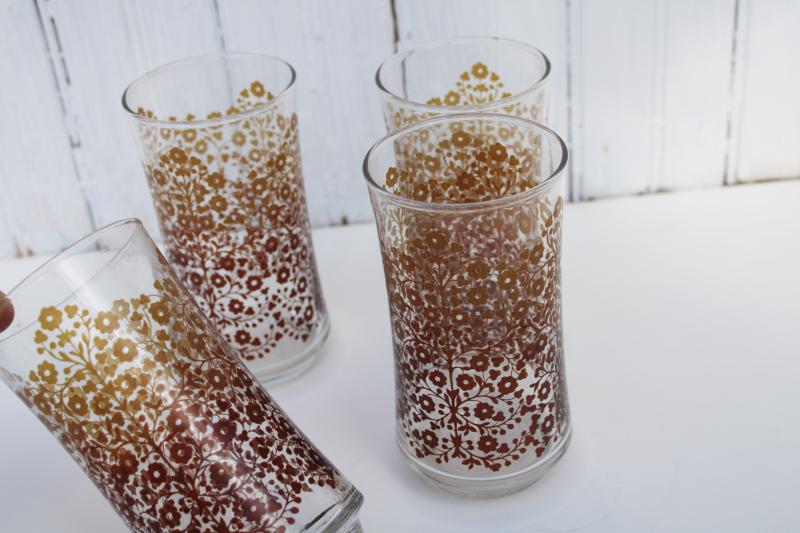 vintage Libbey glass tumblers, retro golden brown flowers print drinking glasses 