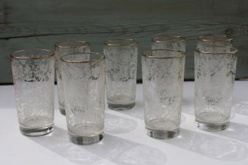 vintage Libbey glass tumblers, white lace texture pattern set of 8 highball glasses