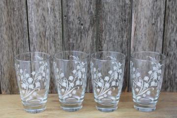 vintage Libbey glass tumblers w/ white lily of the valley flowers, drinking glasses set