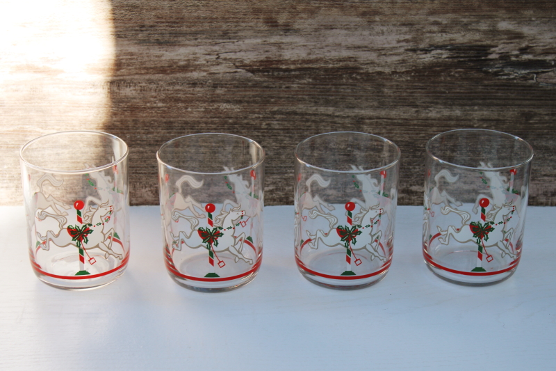 vintage Libbey glasses, Christmas red & green carousel horses holiday barware old fashioned tumblers