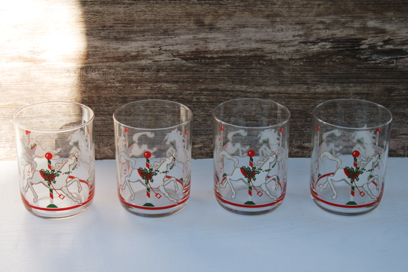 vintage Libbey glasses, Christmas red & green carousel horses holiday barware old fashioned tumblers