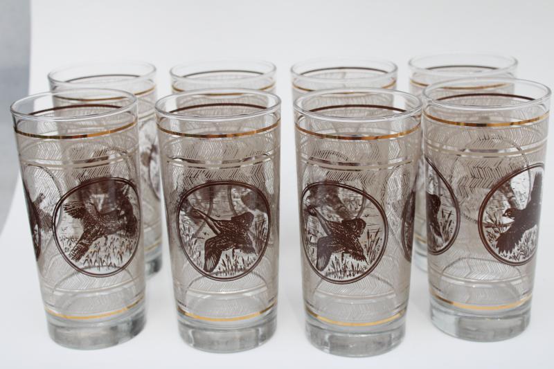 vintage Libbey man cave drinks glasses, game bird pattern tumblers set of 8