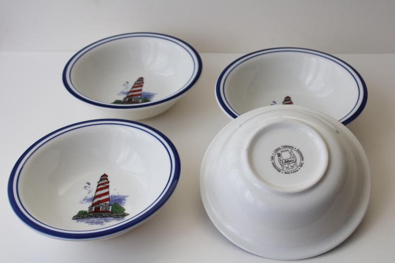 vintage Libbey restaurant ware ironstone china soup bowls, nautical lighthouse