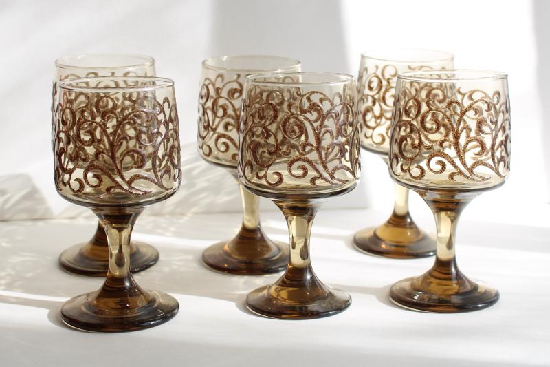 vintage Libbey tawny smoke glass wine glasses, Impromptu Prado brown scrolls