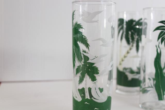 vintage Libbey tiki zombie glasses, tall tumblers w/ tropical scenes, palm trees