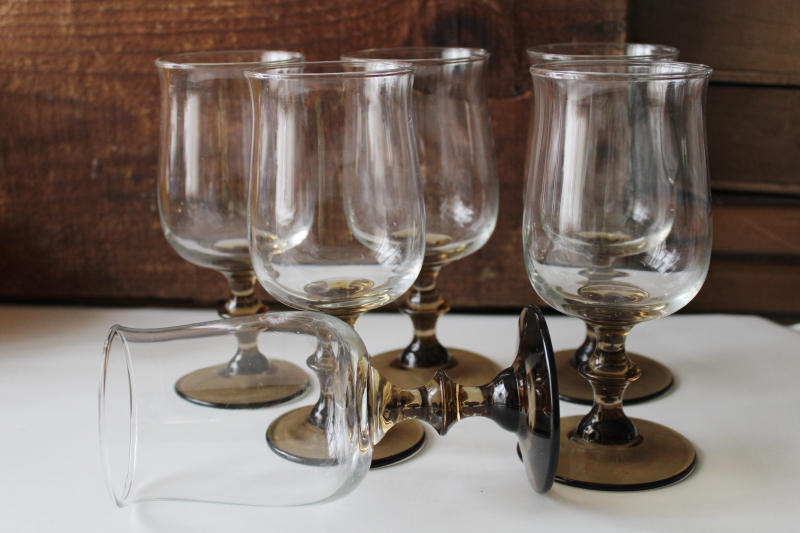 vintage Libbey tulip shape water goblets or wine glasses, brown stems w/ clear bowls