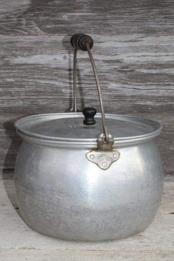 vintage Lifetime aluminum kettle w/ wood handle wire bail & jelly strainer basket pot insert