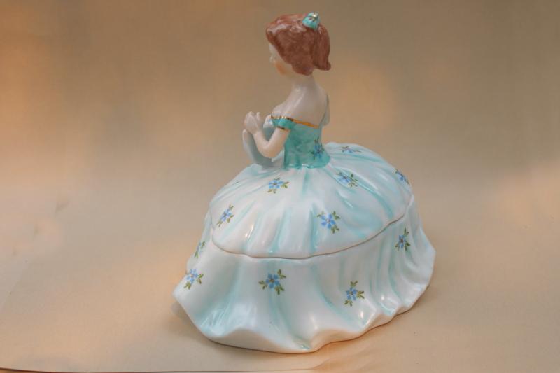 vintage Limoges china trinket box, lady figurine w/ full skirt ball gown & fan