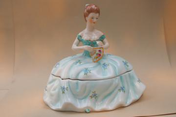 vintage Limoges china trinket box, lady figurine w/ full skirt ball gown & fan