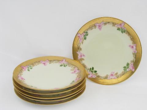 vintage Limoges french china dessert plates, handpainted roses & gold