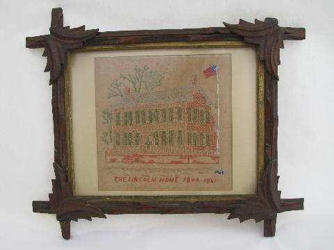 vintage Lincoln's home needlework sampler in rustic antique adirondack frame