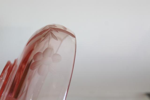 vintage Lotus glass blush pink depression glass console bowl, bars & flowers etch cut