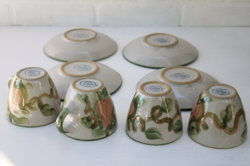 vintage Louisville stoneware, Harvest pear hand painted pottery, four cup and saucer sets