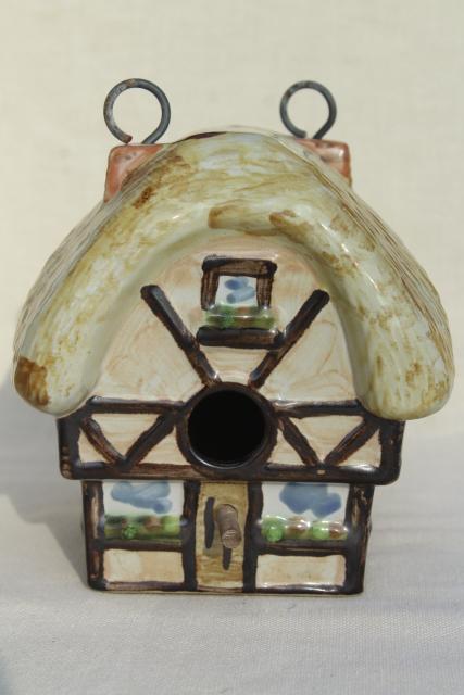 vintage Louisville stoneware pottery birdhouse, English Tudor cottage thatched roof 