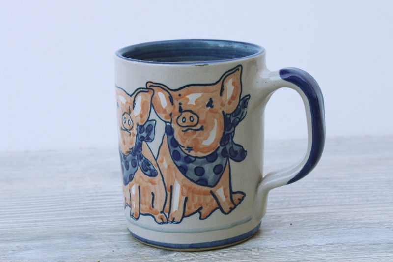 vintage Louisville stoneware pottery mug precious pigs, country farmhouse kitchen decor