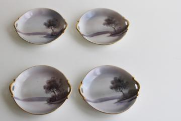 vintage M mark Noritake hand painted china tiny plates, grey monochrome tree on lake scene
