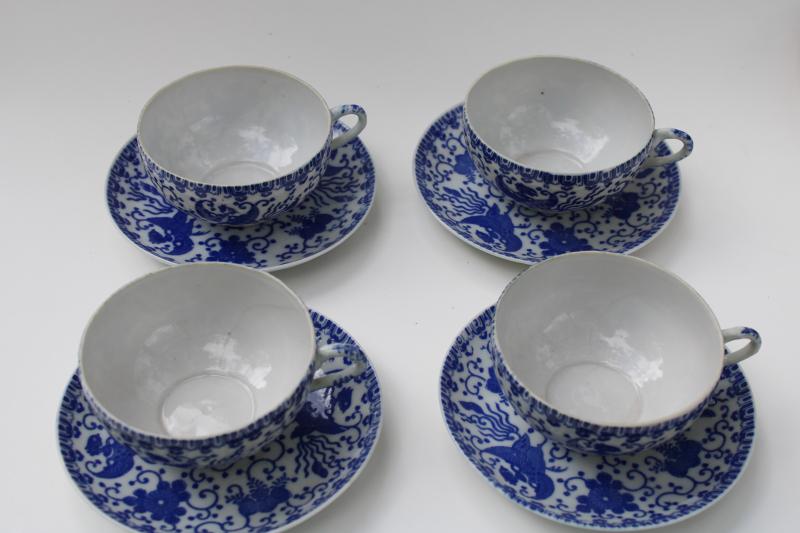 vintage Made in Japan blue & white china cups and saucers, flying turkey phoenix ware
