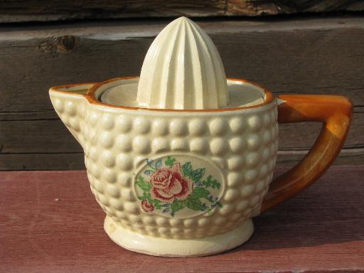 vintage Made in Japan kitchenware, ceramic lemon reamer and juicer pitcher