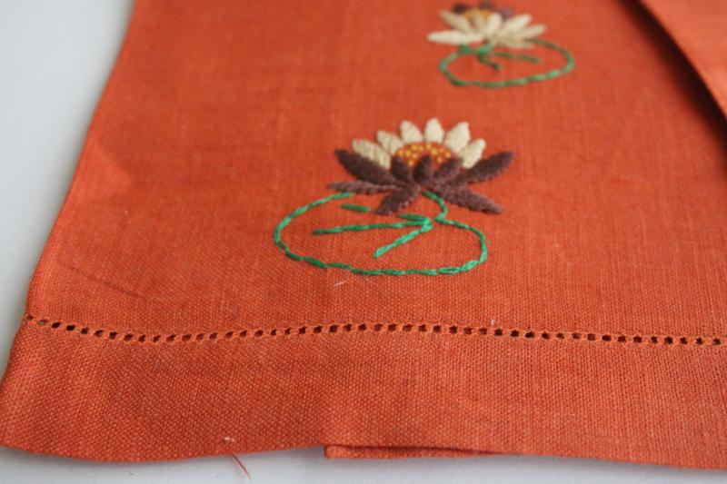 vintage Madeira hand embroidered linen guest towels w/ hemstitching, pretty fall colors