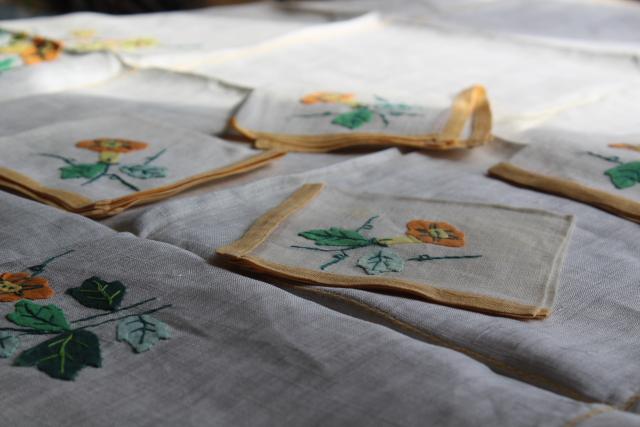 vintage Madeira linen tea table cloth & napkins, hand stitched embroidery & applique flowers