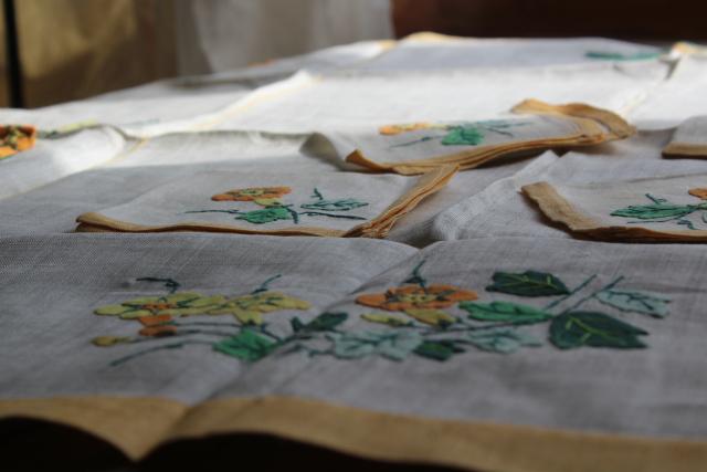 vintage Madeira linen tea table cloth & napkins, hand stitched embroidery & applique flowers