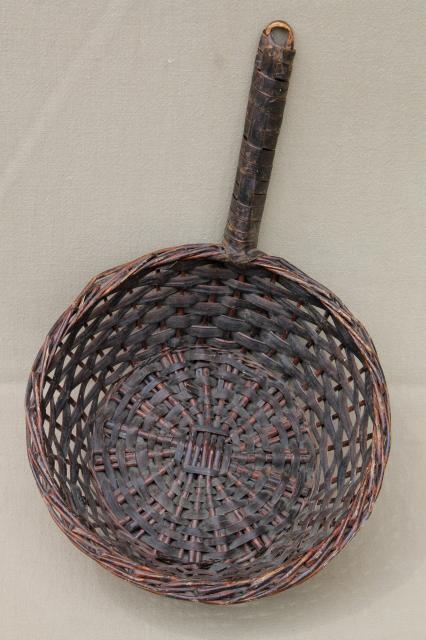 vintage Madeira wicker basket, primitive scoop shape round bowl w/ handle