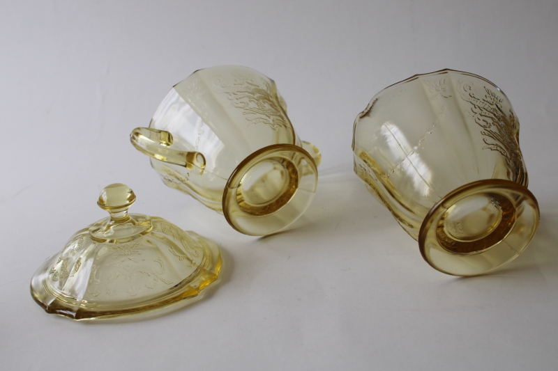 Vintage Madrid Pattern Amber Depression Glass Creamer Sugar Bowl W Lid
