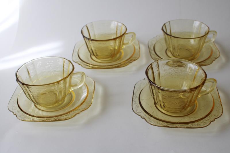 vintage Madrid pattern amber depression glass cups & saucers set for 4