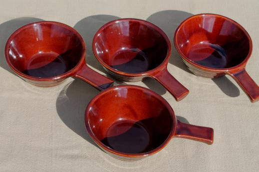vintage Marcrest daisy-dot brown stoneware pottery set of stick handled casseroles or soup bowls