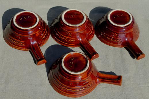 vintage Marcrest daisy-dot brown stoneware pottery set of stick handled casseroles or soup bowls