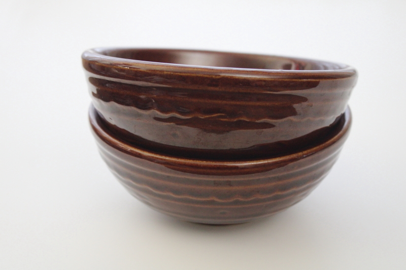 vintage Marcrest stoneware oatmeal cereal bowls, daisy dot pattern brown glaze